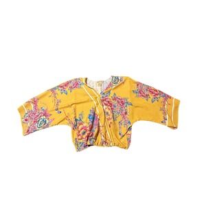 Flying Tomato Womens M Yellow Floral Kimono Sleeve Cropped Top‎ Blouse